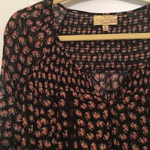 Mid-Sleeve Rayon/Sheer Blouse with Floral Design